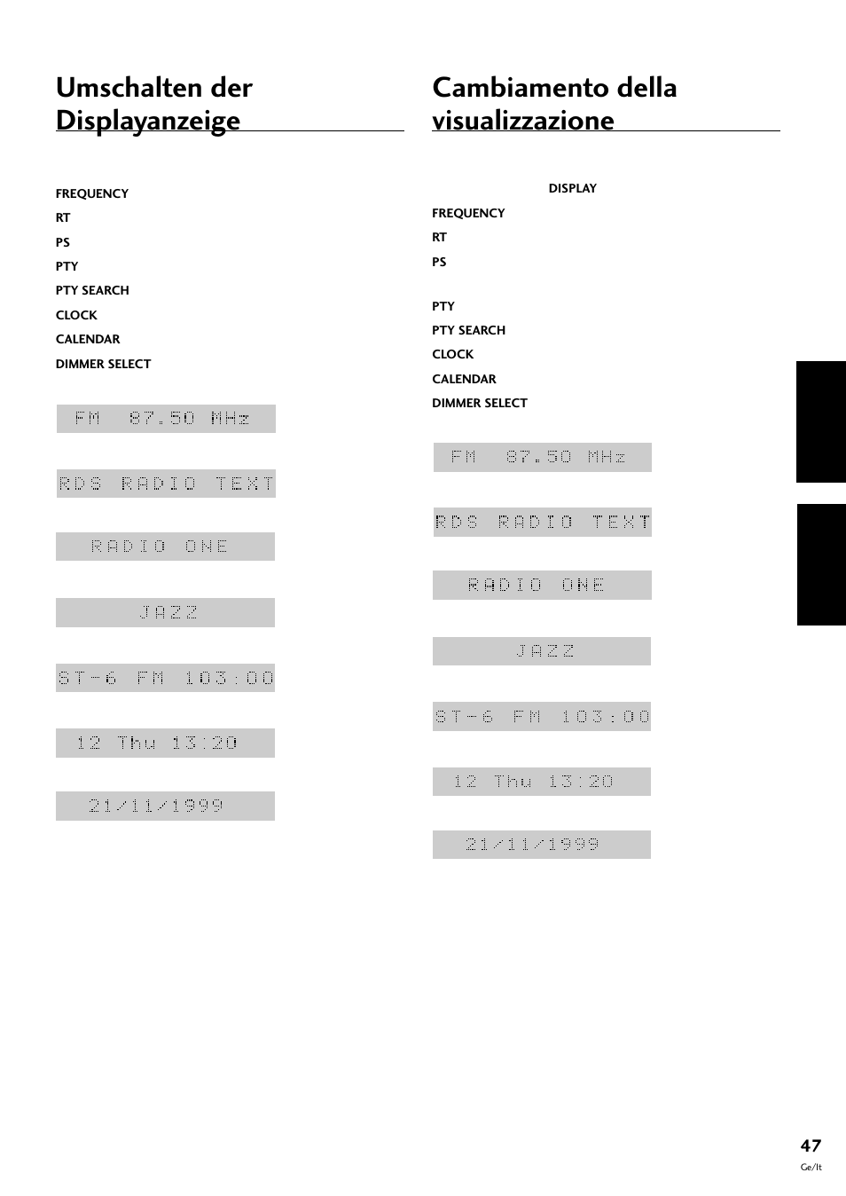 Umschalten der displayanzeige, Cambiamento della visualizzazione, Deutsch italiano | Pioneer S-L8-LRW User Manual | Page 117 / 142