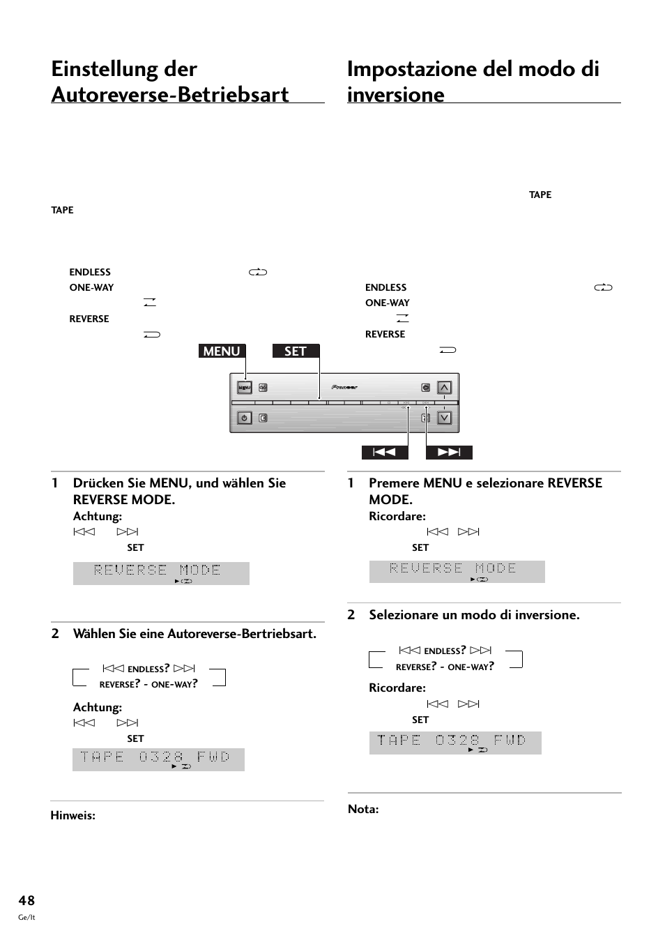 Einstellung der autoreverse-betriebsart, Impostazione del modo di inversione, 1 drücken sie menu, und wählen sie reverse mode | 2 wählen sie eine autoreverse-bertriebsart, 1 premere menu e selezionare reverse mode, 2 selezionare un modo di inversione, Menu set 4 | Pioneer S-L8-LRW User Manual | Page 118 / 142