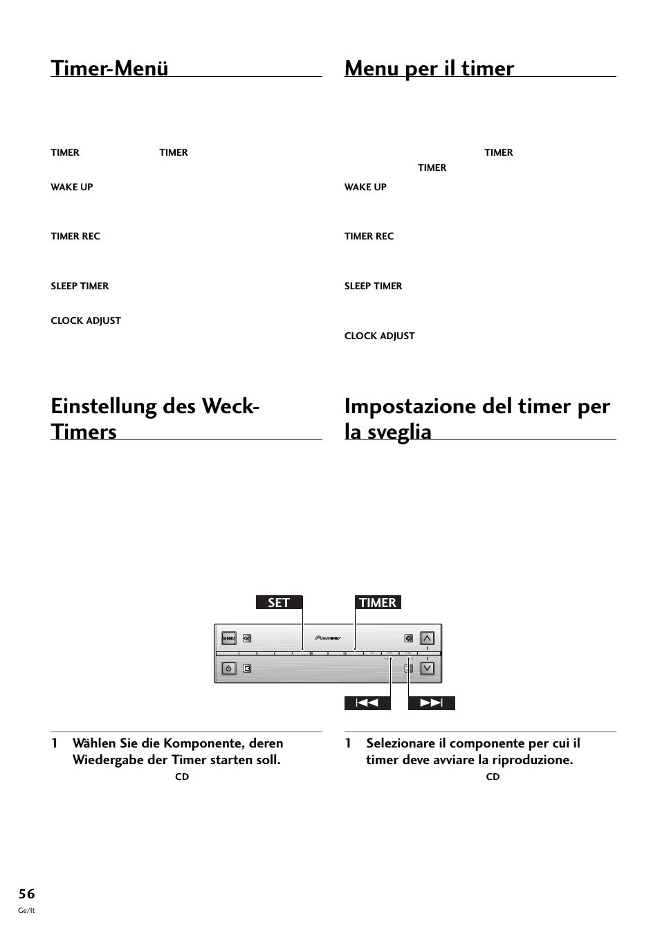 Timer-menü einstellung des weck-timers, Timer-menü, Einstellung des weck- timers | Menu per il timer, Impostazione del timer per la sveglia, Timer set 4 | Pioneer S-L8-LRW User Manual | Page 126 / 142