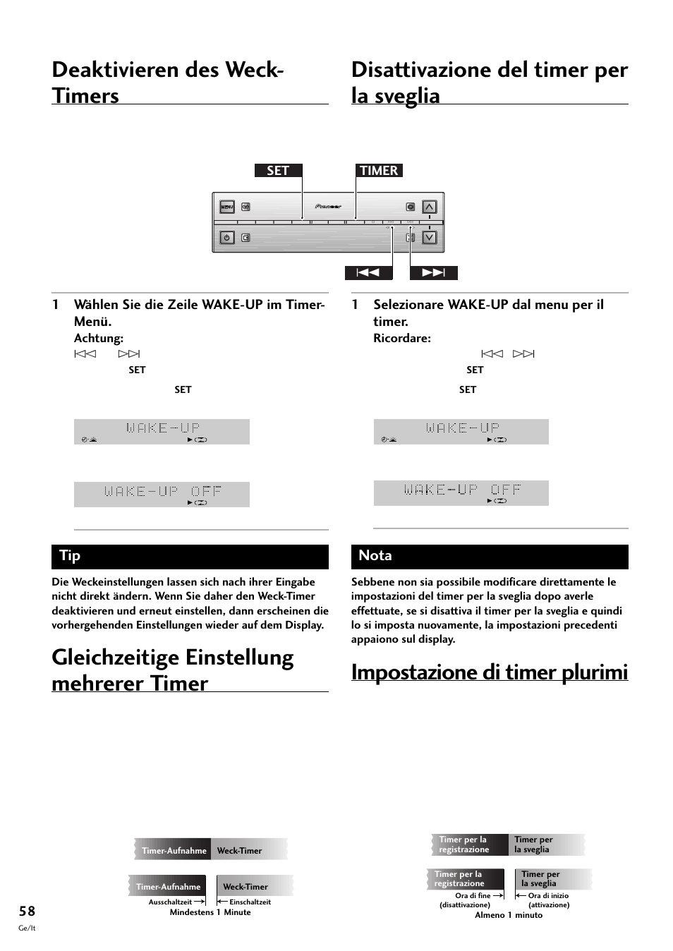 Deaktivieren des weck- timers, Gleichzeitige einstellung mehrerer timer, Disattivazione del timer per la sveglia | Impostazione di timer plurimi, Nota, 1 wählen sie die zeile wake-up im timer- menü, 1 selezionare wake-up dal menu per il timer | Pioneer S-L8-LRW User Manual | Page 128 / 142