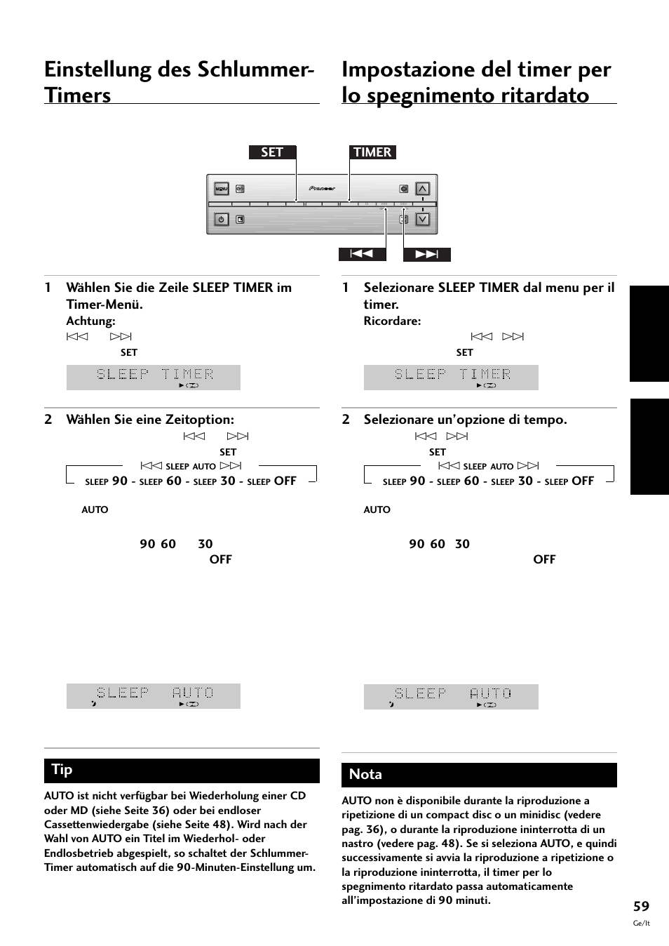 Einstellung des schlummer-timers, Einstellung des schlummer- timers, Deutsch italiano | Nota, 1 wählen sie die zeile sleep timer im timer-menü, 2 wählen sie eine zeitoption, 1 selezionare sleep timer dal menu per il timer, 2 selezionare un’opzione di tempo, Timer set 4 | Pioneer S-L8-LRW User Manual | Page 129 / 142
