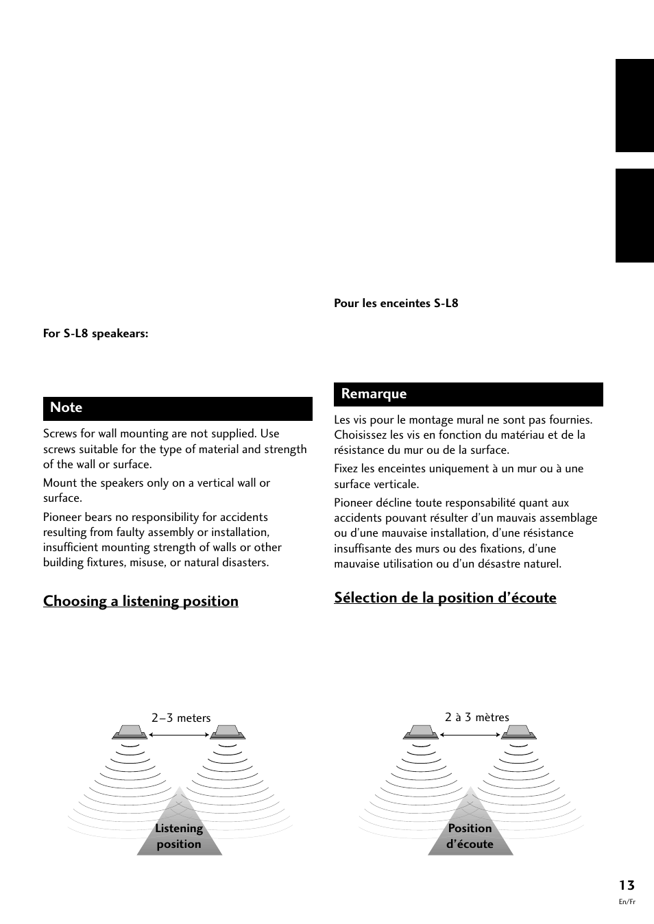 English français, Choosing a listening position, Sélection de la position d’écoute | Pioneer S-L8-LRW User Manual | Page 13 / 142