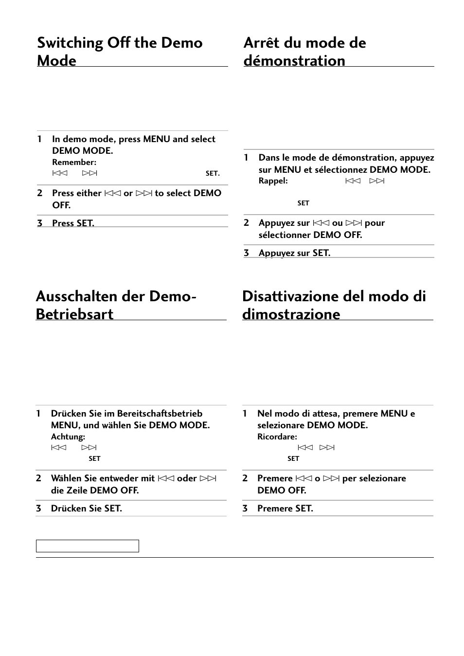 Switching off the demo mode, Arrêt du mode de démonstration, Ausschalten der demo- betriebsart | Disattivazione del modo di dimostrazione | Pioneer S-L8-LRW User Manual | Page 142 / 142