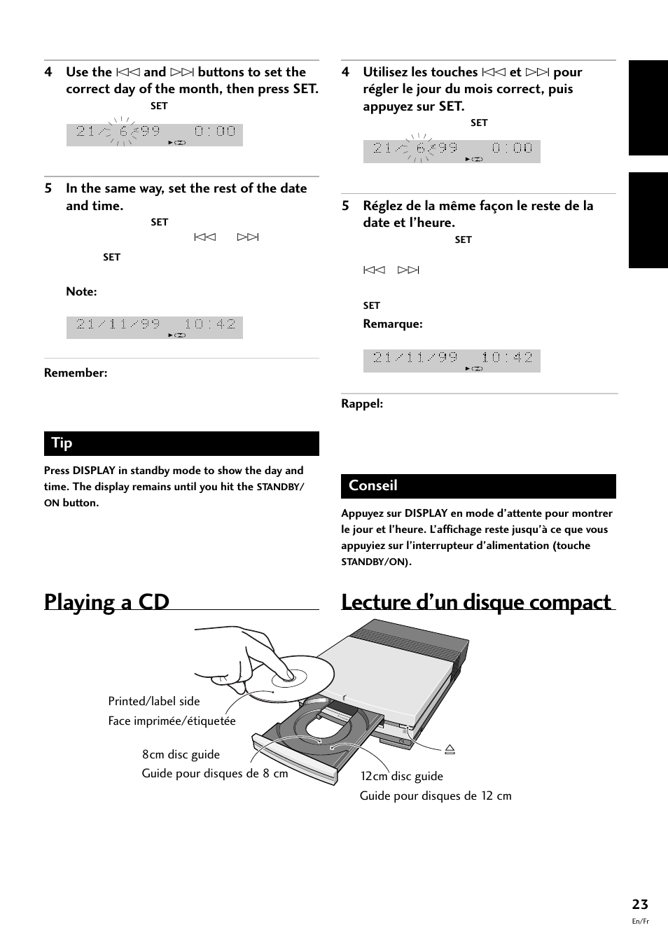 Playing a cd, Lecture d’un disque compact, English français | Conseil | Pioneer S-L8-LRW User Manual | Page 23 / 142