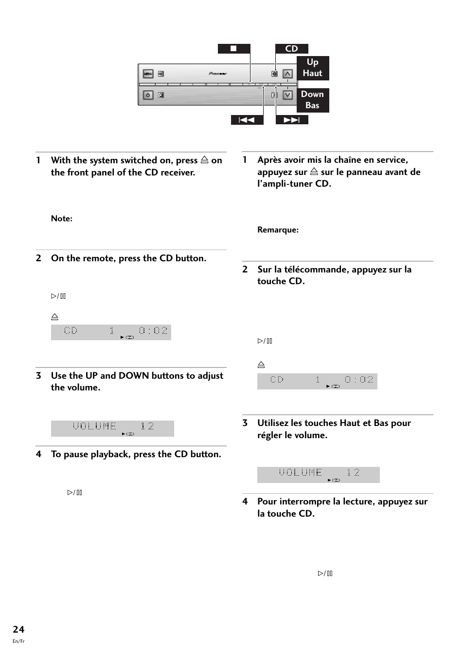2 on the remote, press the cd button, 3 use the up and down buttons to adjust the volume, 4 to pause playback, press the cd button | 2 sur la télécommande, appuyez sur la touche cd, Down bas up haut 4 ¢ 7 cd | Pioneer S-L8-LRW User Manual | Page 24 / 142