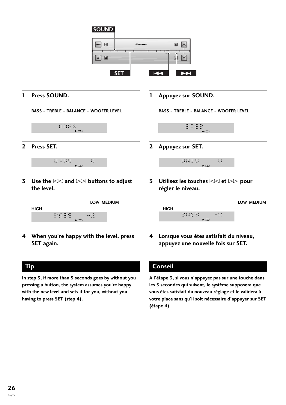 Conseil, 1 press sound, 2 press set | 3 use the $ and › buttons to adjust the level, 1 appuyez sur sound, 2 appuyez sur set, Set sound 4 | Pioneer S-L8-LRW User Manual | Page 26 / 142