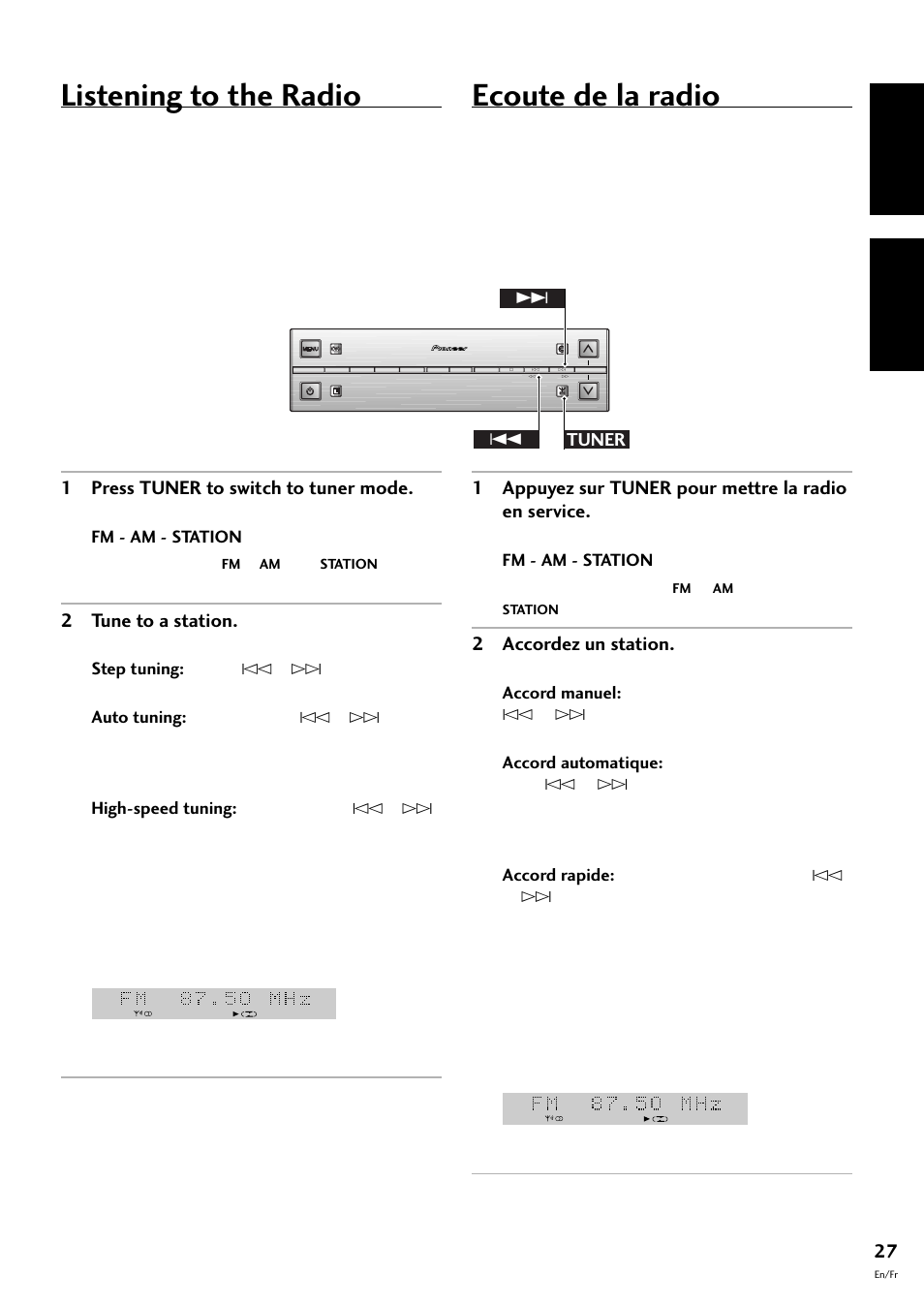 Listening to the radio, Ecoute de la radio, English français | 1 press tuner to switch to tuner mode, 2 tune to a station, 2 accordez un station, Tuner 4 | Pioneer S-L8-LRW User Manual | Page 27 / 142