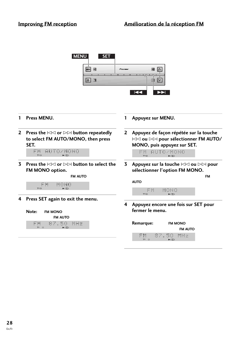 Improving fm reception, Amélioration de la réception fm, 1 press menu | 4 press set again to exit the menu, 1 appuyez sur menu, Menu set 4 | Pioneer S-L8-LRW User Manual | Page 28 / 142