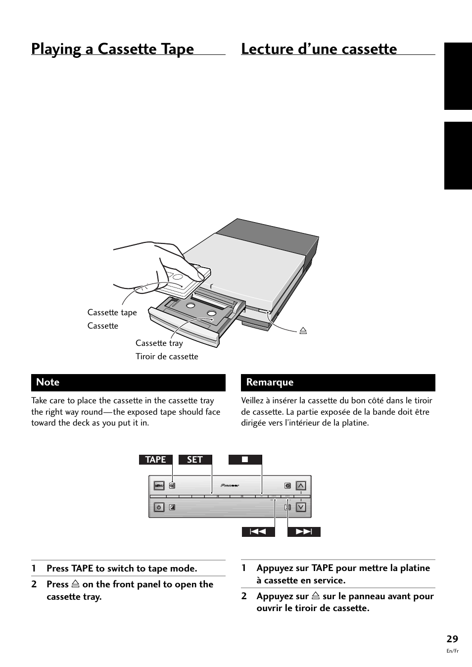 Playing a cassette tape, Lecture d’une cassette, English français | Remarque, 47 ¢ tape set | Pioneer S-L8-LRW User Manual | Page 29 / 142