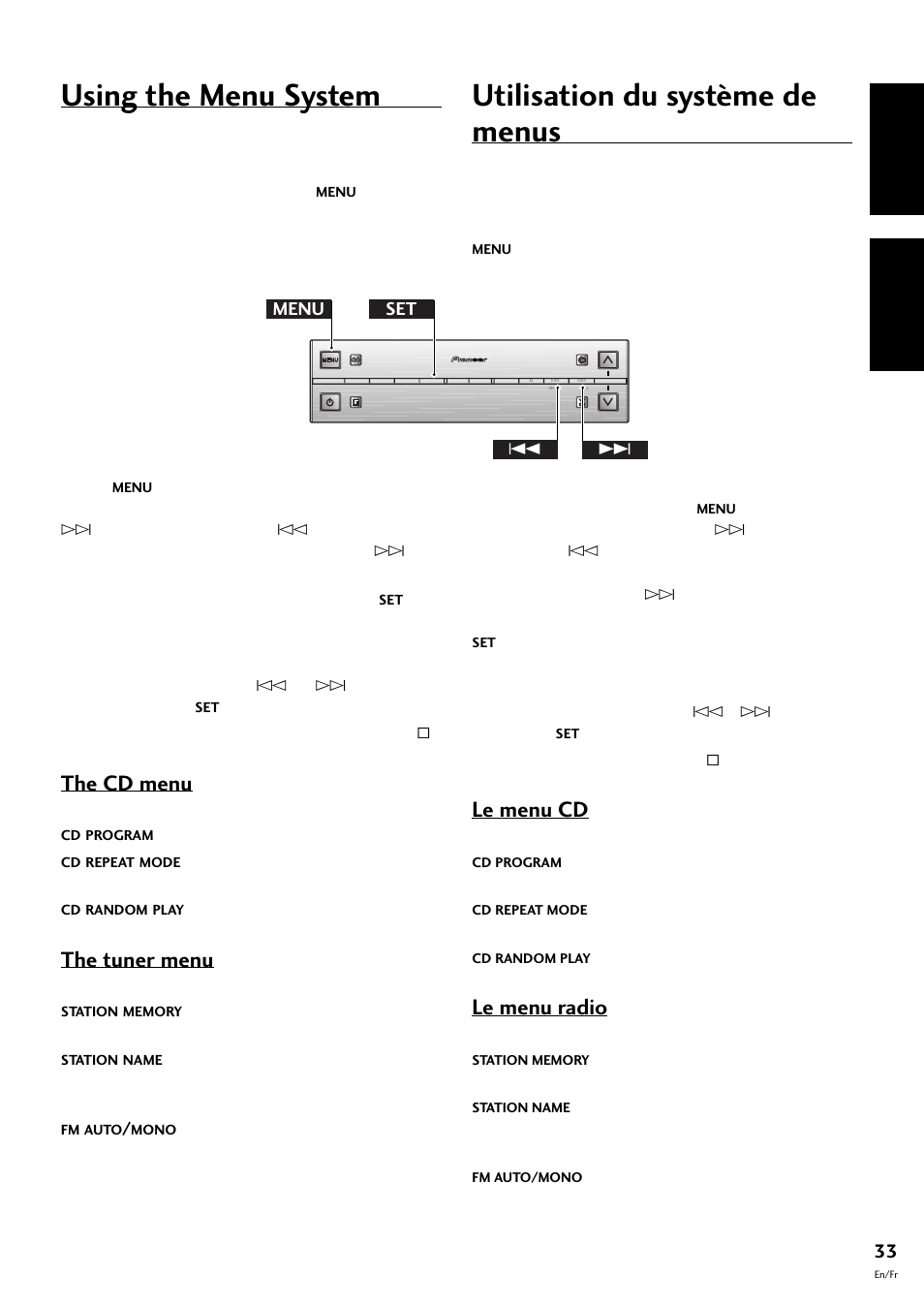 Using the menu system, Utilisation du système de menus, English français | The cd menu, The tuner menu, Le menu cd, Le menu radio | Pioneer S-L8-LRW User Manual | Page 33 / 142