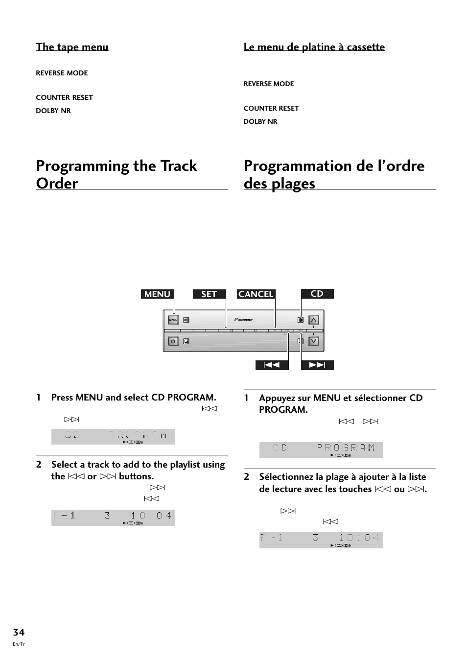 Programming the track order, Programmation de l’ordre des plages, The tape menu | Le menu de platine à cassette, 1 press menu and select cd program, 1 appuyez sur menu et sélectionner cd program, Menu cd set cancel 4 | Pioneer S-L8-LRW User Manual | Page 34 / 142