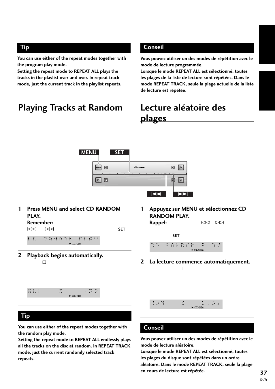 Playing tracks at random, Lecture aléatoire des plages, English français | Conseil, 1 press menu and select cd random play, 2 playback begins automatically, 1 appuyez sur menu et sélectionnez cd random play, 2 la lecture commence automatiquement, Menu set 4 | Pioneer S-L8-LRW User Manual | Page 37 / 142