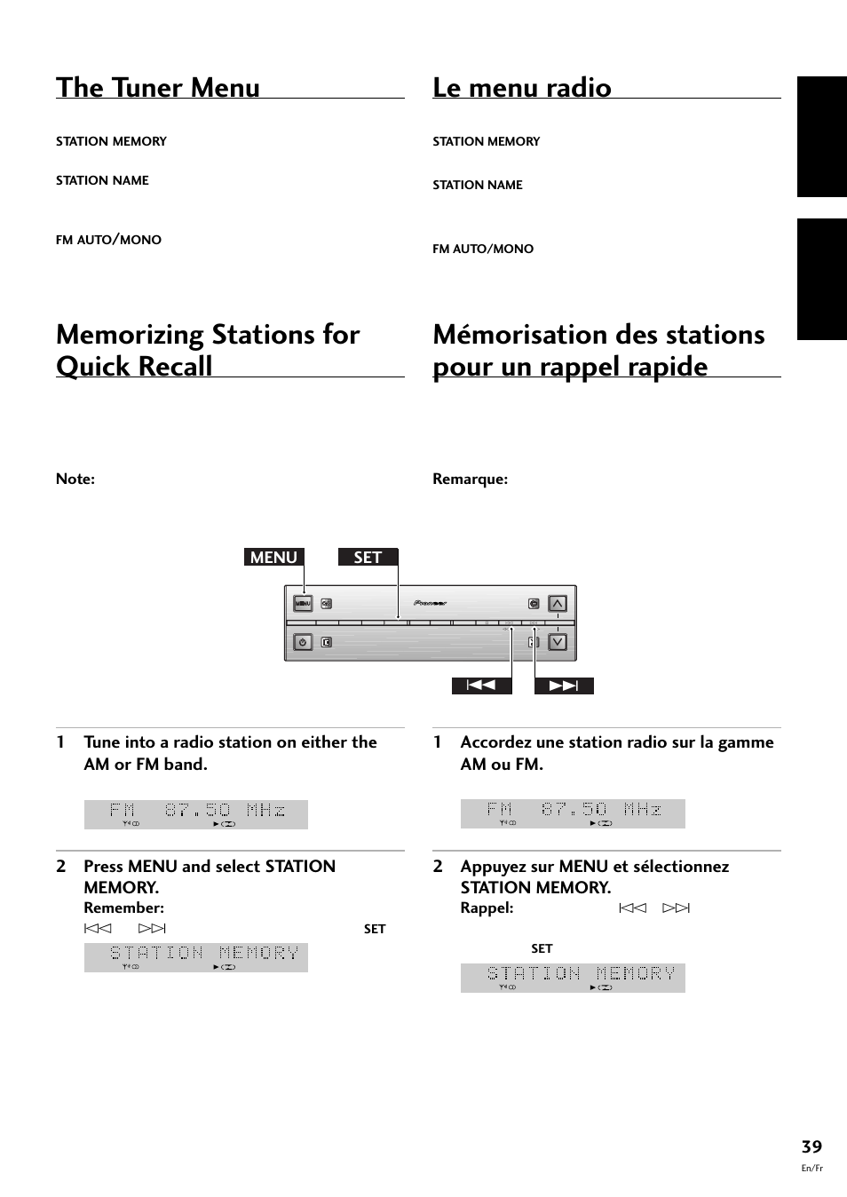 The tuner menu, Mémorisation des stations pour un rappel rapide, Le menu radio | English français, 1 accordez une station radio sur la gamme am ou fm | Pioneer S-L8-LRW User Manual | Page 39 / 142