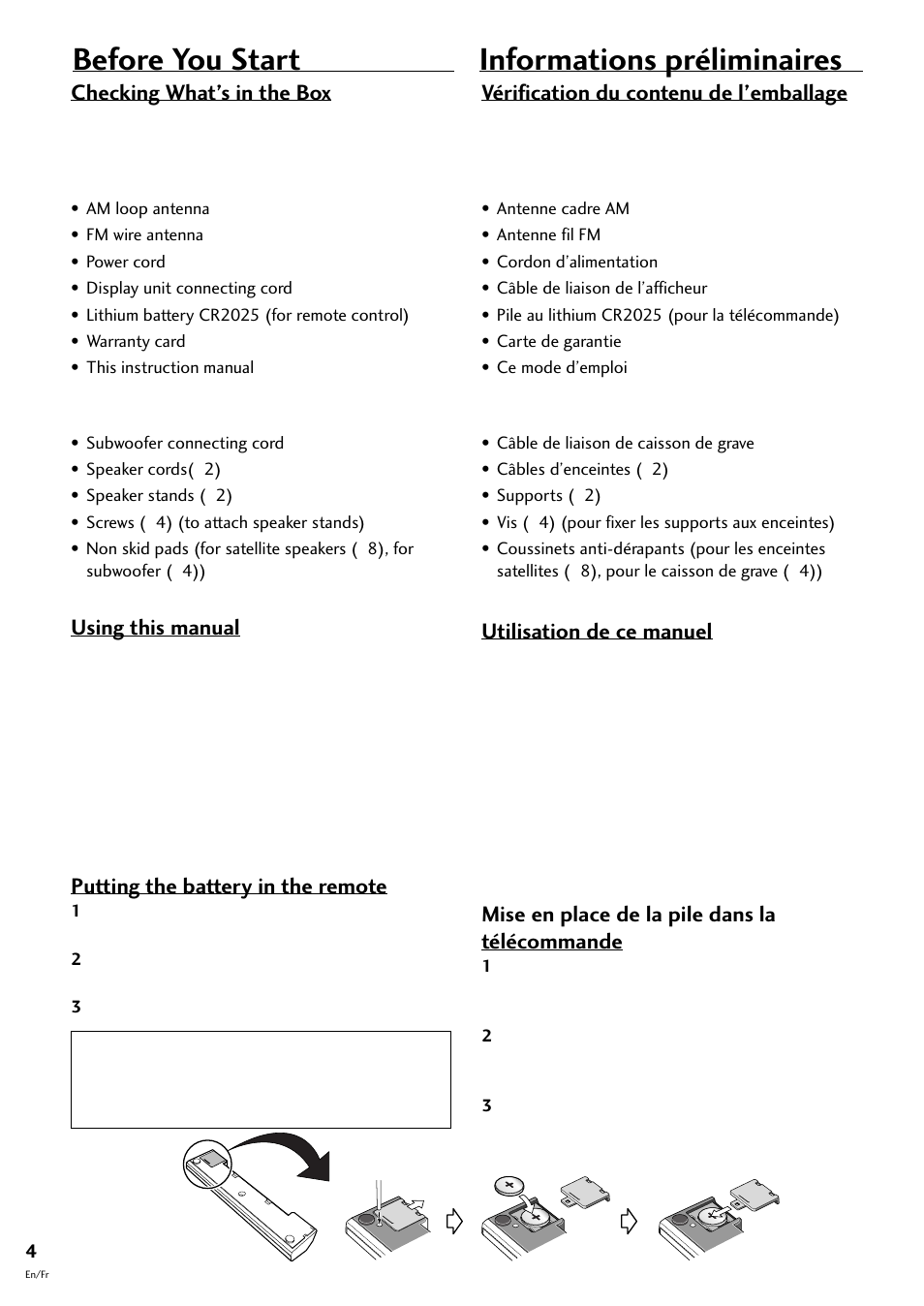 Before you start informations préliminaires, Checking what’s in the box, Using this manual | Putting the battery in the remote, Vérification du contenu de l’emballage, Utilisation de ce manuel, Mise en place de la pile dans la télécommande | Pioneer S-L8-LRW User Manual | Page 4 / 142