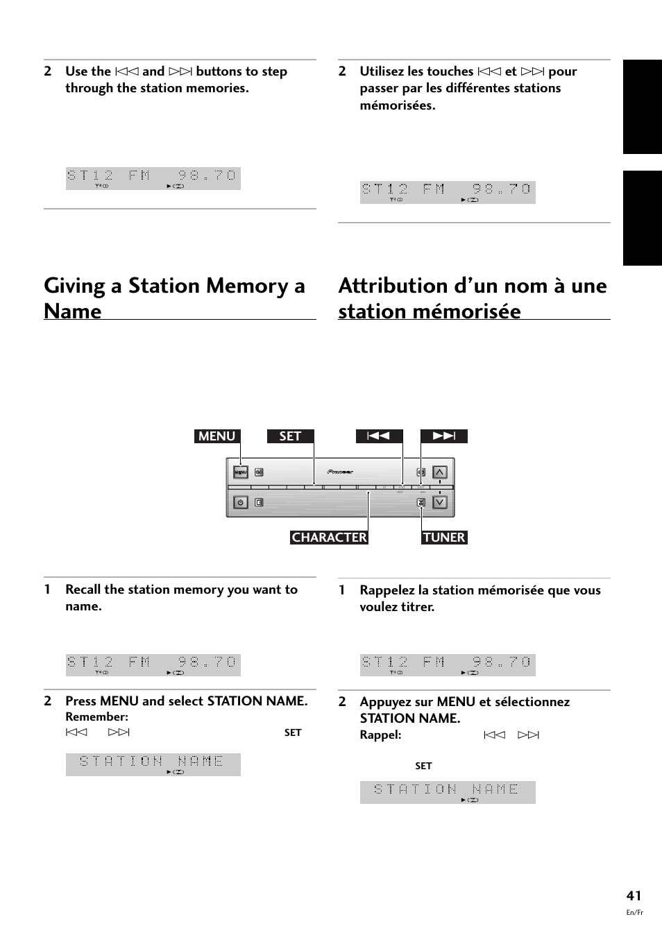 Attribution d’un nom à une station mémorisée, English français, 2 press menu and select station name | 2 appuyez sur menu et sélectionnez station name, Menu 4 ¢ tuner set character | Pioneer S-L8-LRW User Manual | Page 41 / 142