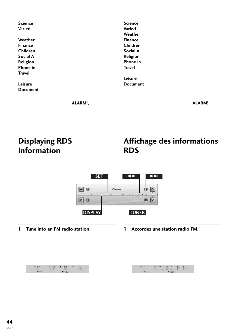 Displaying rds information, Affichage des informations rds, 1 tune into an fm radio station | 1 accordez une station radio fm, Set tuner display 4 | Pioneer S-L8-LRW User Manual | Page 44 / 142