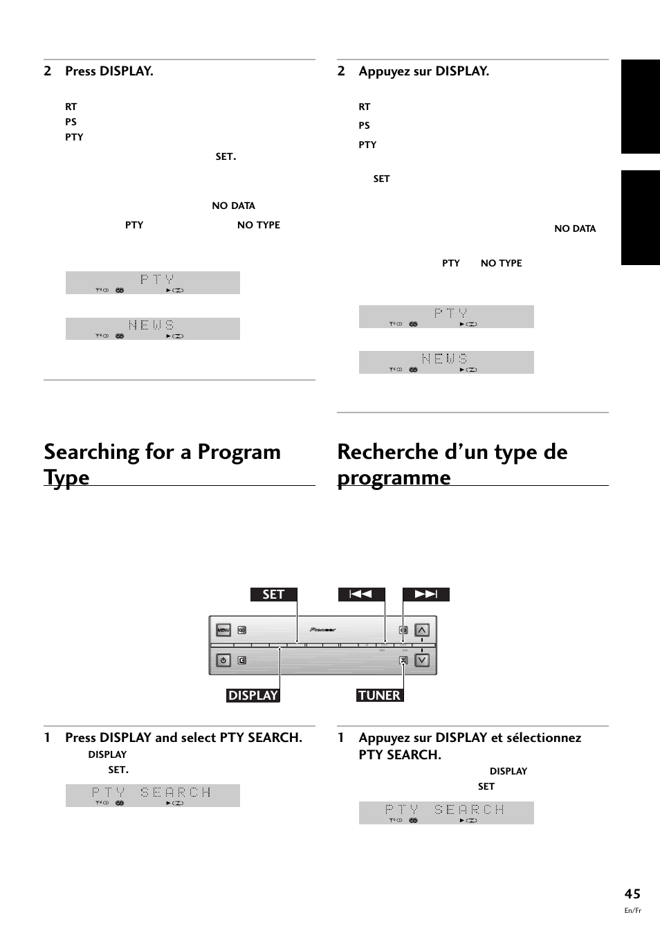 Searching for a program type, Recherche d’un type de programme, English français | 1 press display and select pty search, 2 press display, 1 appuyez sur display et sélectionnez pty search, 2 appuyez sur display, Set tuner display 4 | Pioneer S-L8-LRW User Manual | Page 45 / 142