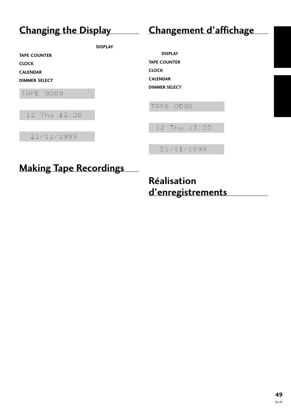 Making tape recordings, Changing the display, Réalisation d’enregistrements | Changement d’affichage, English français | Pioneer S-L8-LRW User Manual | Page 49 / 142