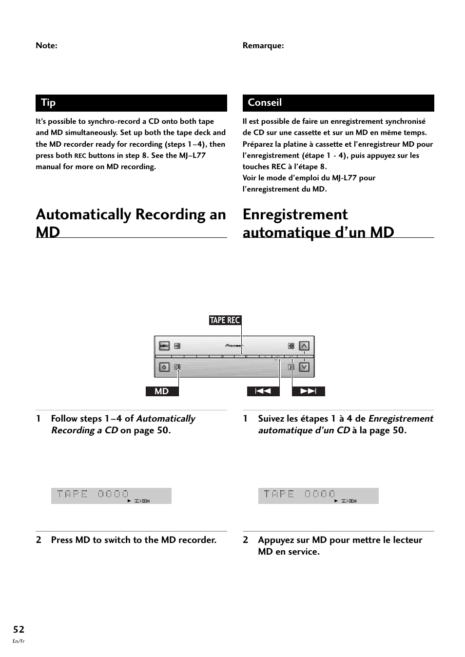 Automatically recording an md, Enregistrement automatique d’un md, Conseil | 2 press md to switch to the md recorder, Md tape rec 4 | Pioneer S-L8-LRW User Manual | Page 52 / 142