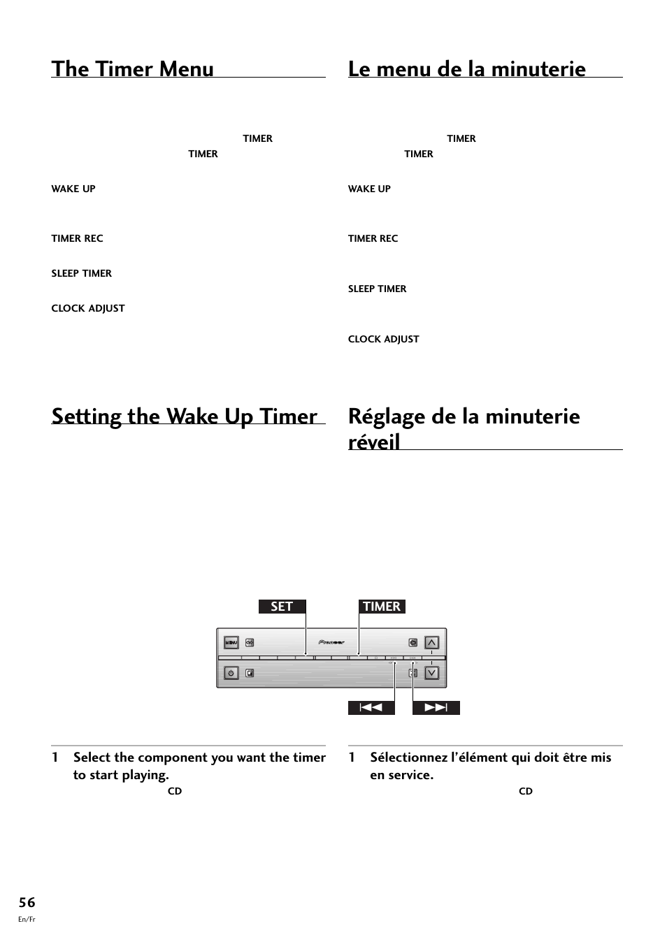 The timer menu, Setting the wake up timer, Le menu de la minuterie | Réglage de la minuterie réveil, Timer set 4 | Pioneer S-L8-LRW User Manual | Page 56 / 142