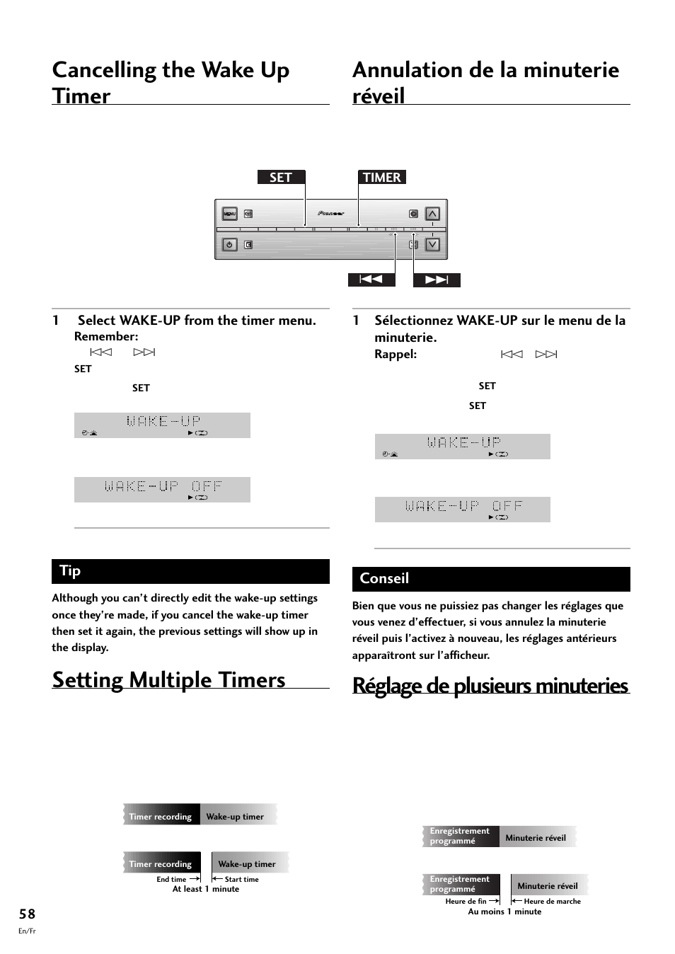 Cancelling the wake up timer, Setting multiple timers, Annulation de la minuterie réveil | Réglage de plusieurs minuteries, Conseil, 1 select wake-up from the timer menu, 1 sélectionnez wake-up sur le menu de la minuterie | Pioneer S-L8-LRW User Manual | Page 58 / 142