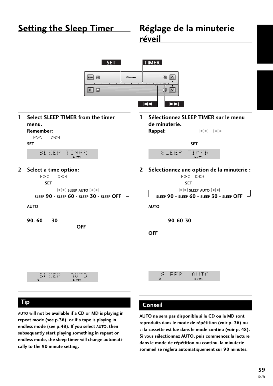 Setting the sleep timer, Réglage de la minuterie réveil, English français | Conseil, 1 select sleep timer from the timer menu, 2 select a time option, 2 sélectionnez une option de la minuterie, Timer set 4 | Pioneer S-L8-LRW User Manual | Page 59 / 142
