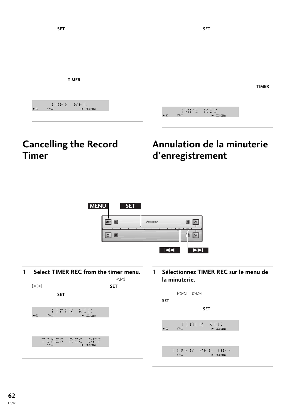 Cancelling the record timer, Annulation de la minuterie d’enregistrement, 1 select timer rec from the timer menu | Menu set 4 | Pioneer S-L8-LRW User Manual | Page 62 / 142