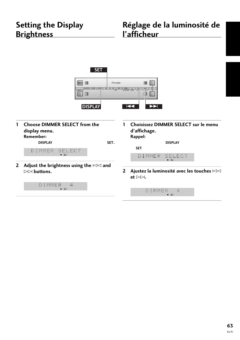 Setting the display brightness, Réglage de la luminosité de l’afficheur, English français | Pioneer S-L8-LRW User Manual | Page 63 / 142