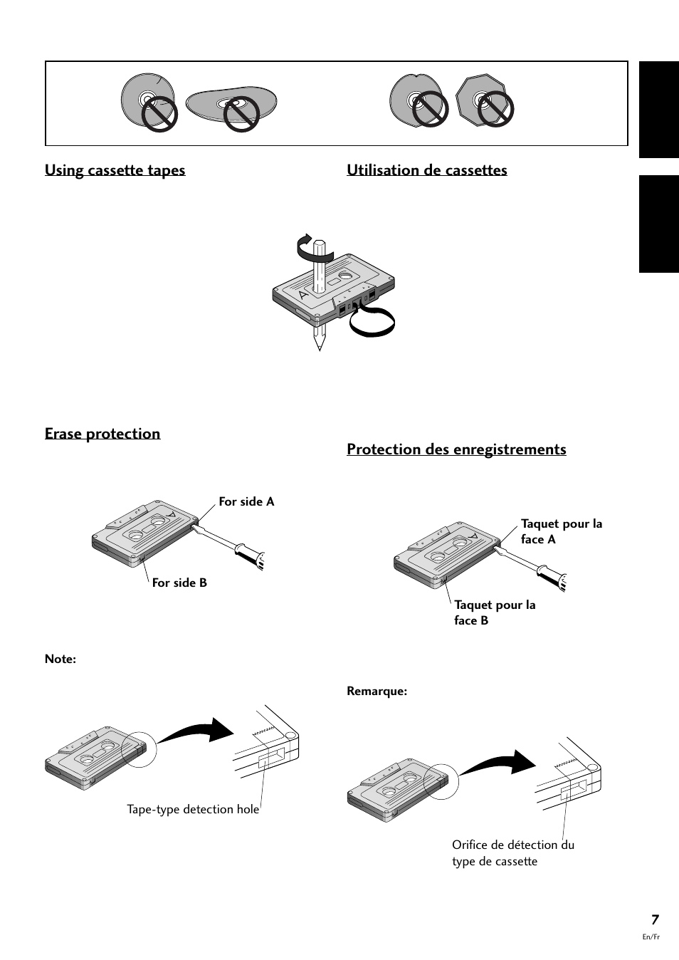 English français, Using cassette tapes, Erase protection | Utilisation de cassettes, Protection des enregistrements | Pioneer S-L8-LRW User Manual | Page 7 / 142