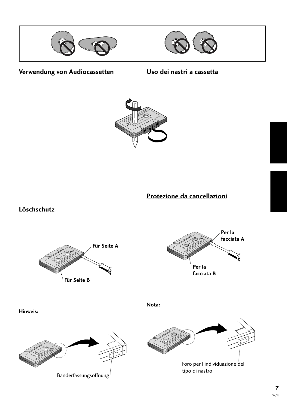 Deutsch italiano, Verwendung von audiocassetten, Löschschutz | Uso dei nastri a cassetta, Protezione da cancellazioni | Pioneer S-L8-LRW User Manual | Page 77 / 142