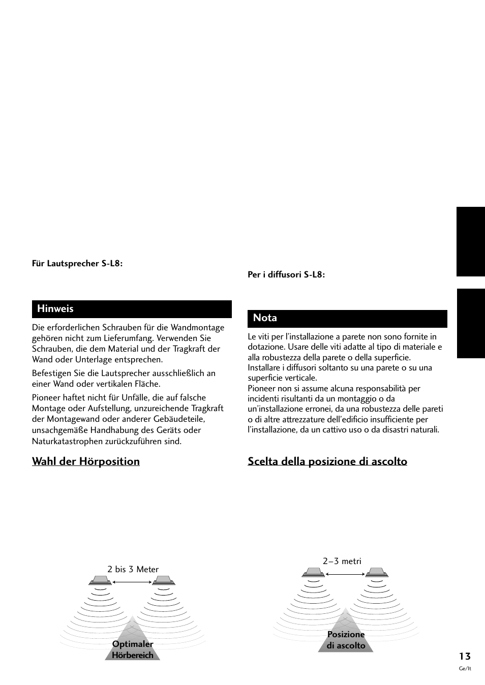 Deutsch italiano, Wahl der hörposition, Scelta della posizione di ascolto | Pioneer S-L8-LRW User Manual | Page 83 / 142