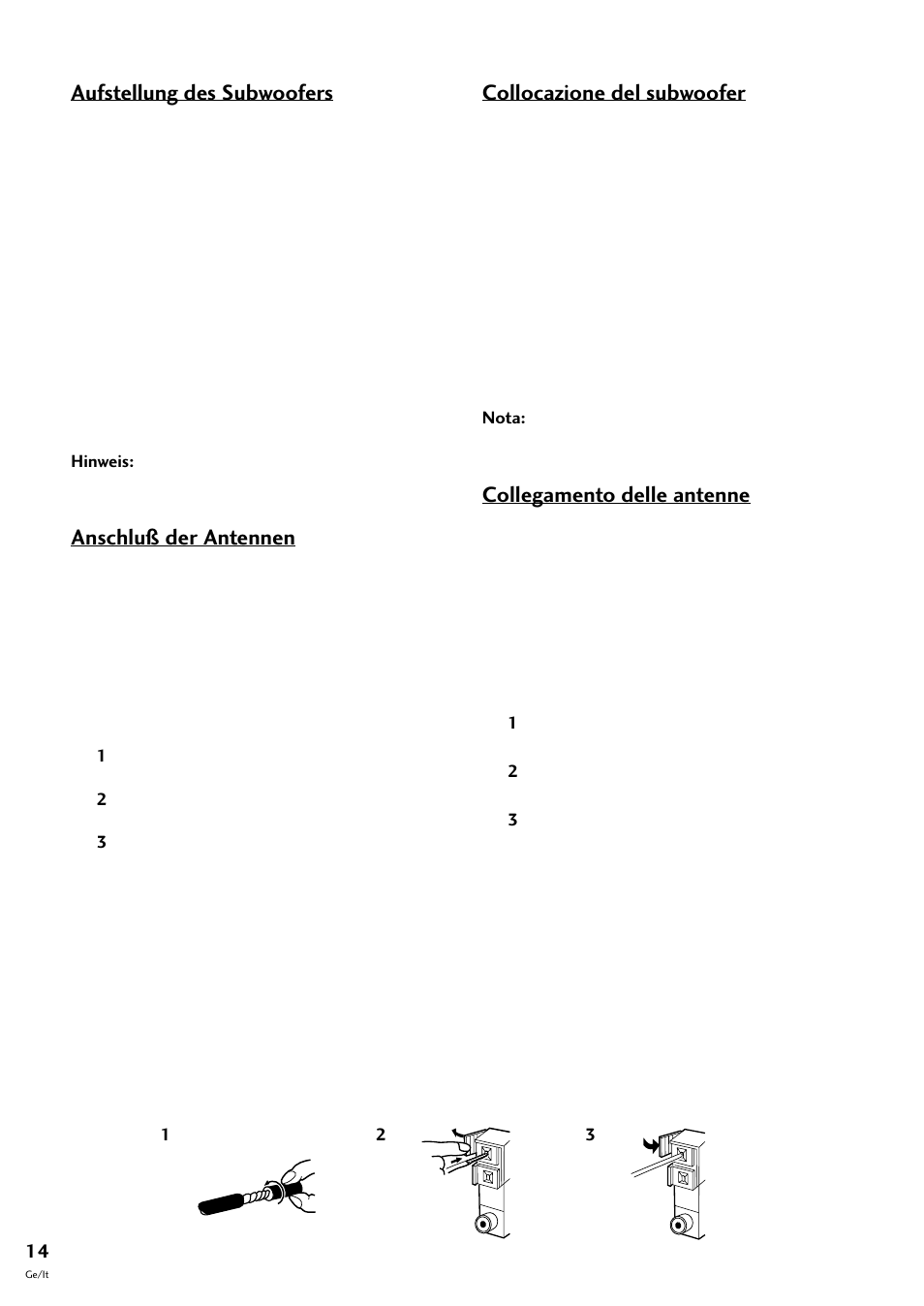 2 installing and connecting up, Aufstellung des subwoofers, Anschluß der antennen | Collocazione del subwoofer, Collegamento delle antenne | Pioneer S-L8-LRW User Manual | Page 84 / 142