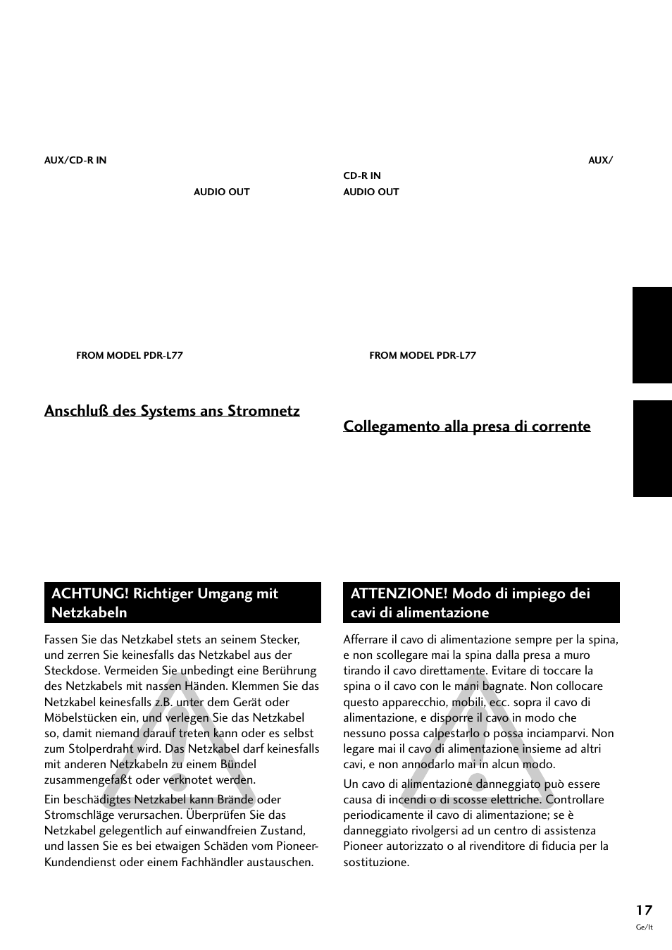 Deutsch italiano, Anschluß des systems ans stromnetz, Collegamento alla presa di corrente | Achtung! richtiger umgang mit netzkabeln | Pioneer S-L8-LRW User Manual | Page 87 / 142