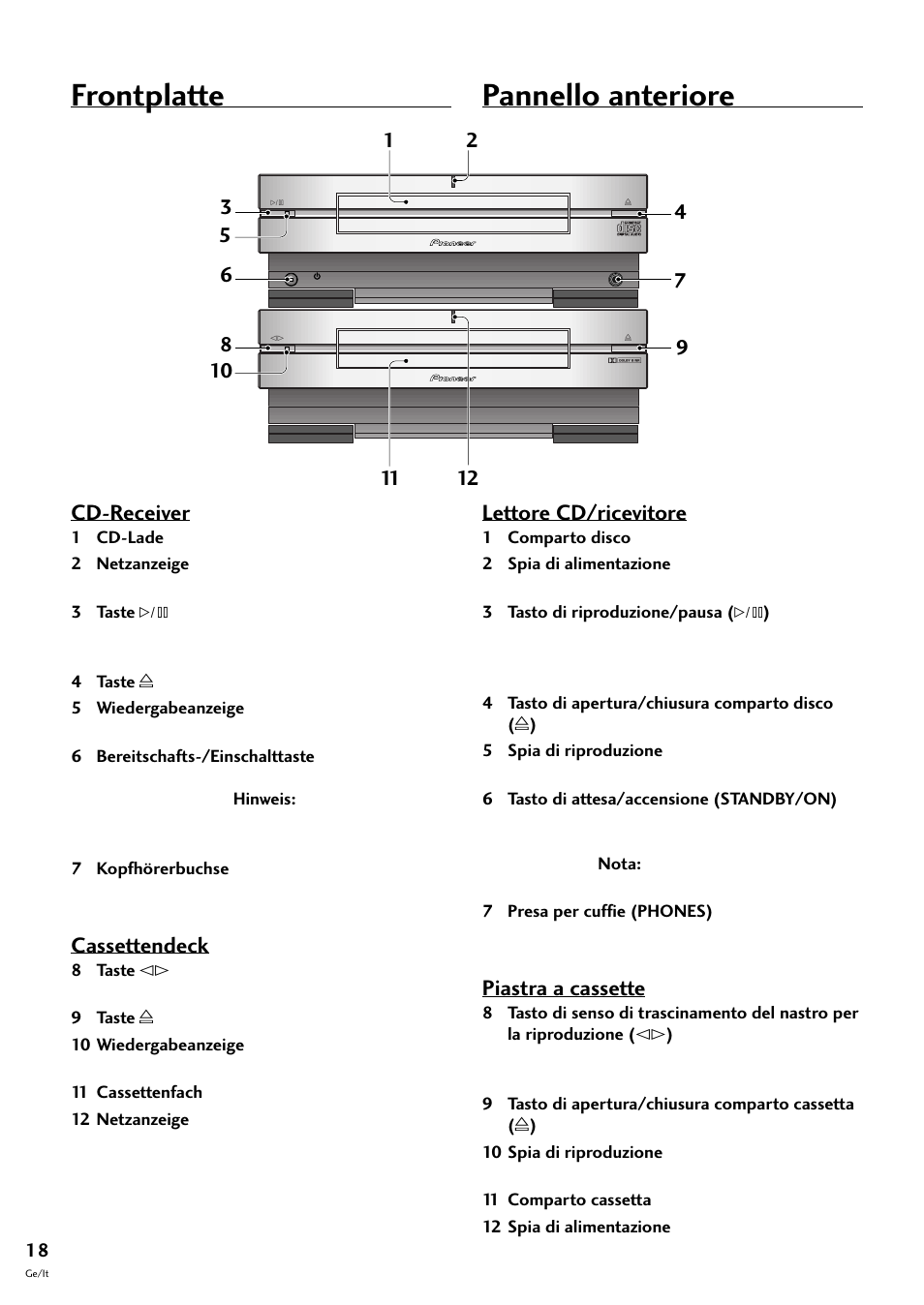 Frontplatte, Pannello anteriore, Cd-receiver | Cassettendeck, Lettore cd/ricevitore, Piastra a cassette | Pioneer S-L8-LRW User Manual | Page 88 / 142