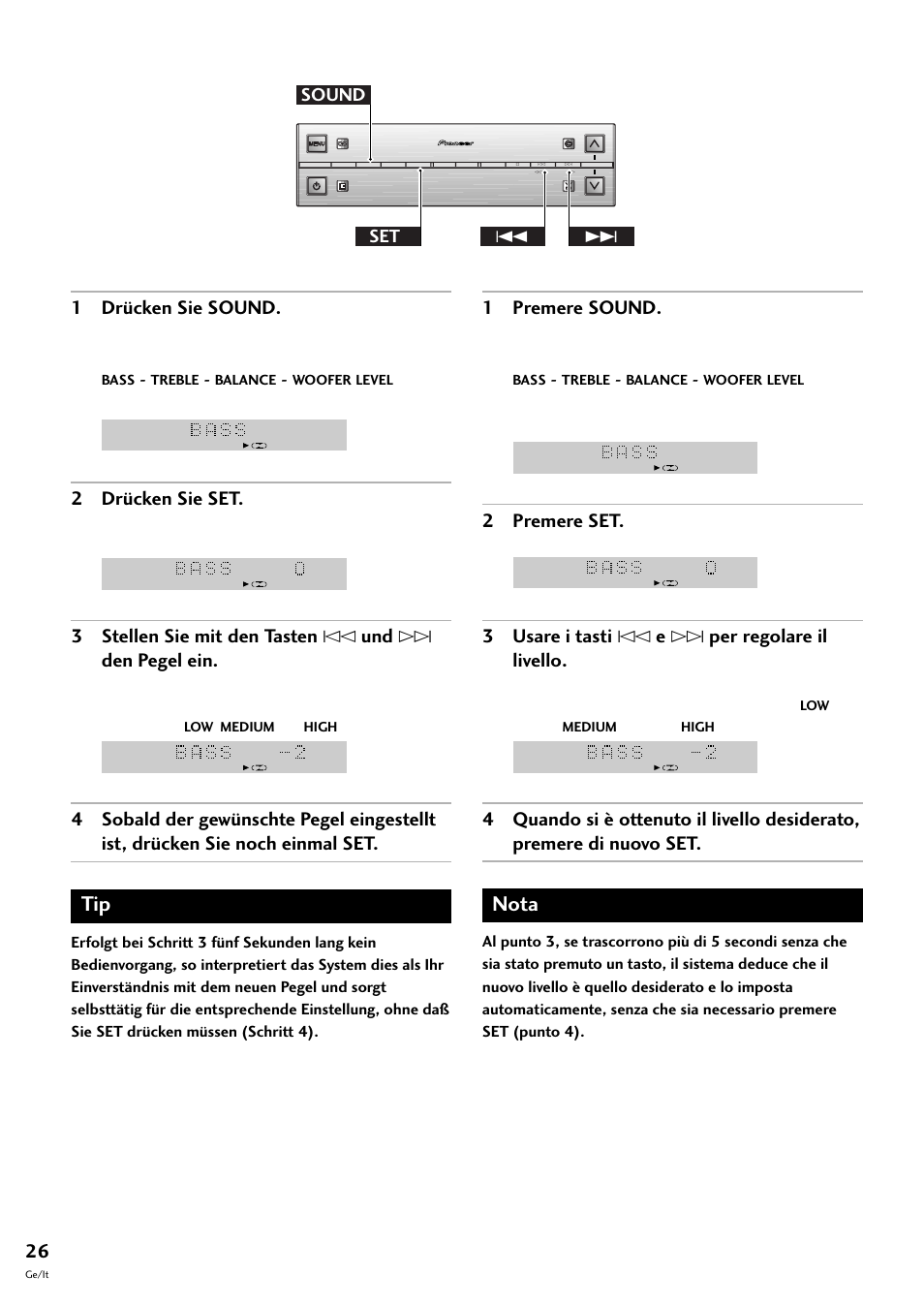 Nota, 1 drücken sie sound, 2 drücken sie set | 3 stellen sie mit den tasten $ und › den pegel ein, 1 premere sound, 2 premere set, 3 usare i tasti $ e › per regolare il livello, Set sound 4 | Pioneer S-L8-LRW User Manual | Page 96 / 142