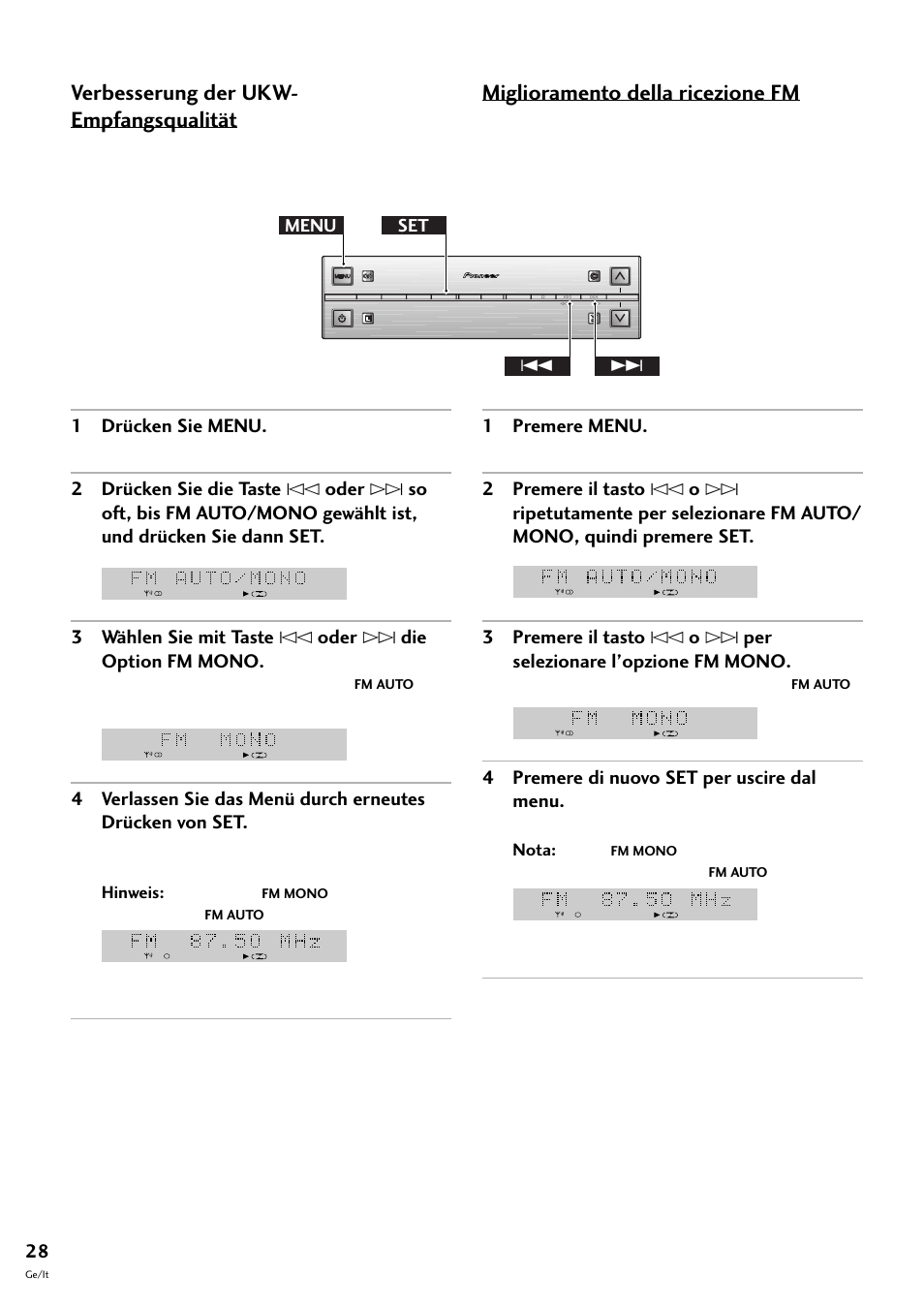 Verbesserung der ukw- empfangsqualität, Miglioramento della ricezione fm, 1 drücken sie menu | 1 premere menu, 4 premere di nuovo set per uscire dal menu, Menu set 4 | Pioneer S-L8-LRW User Manual | Page 98 / 142