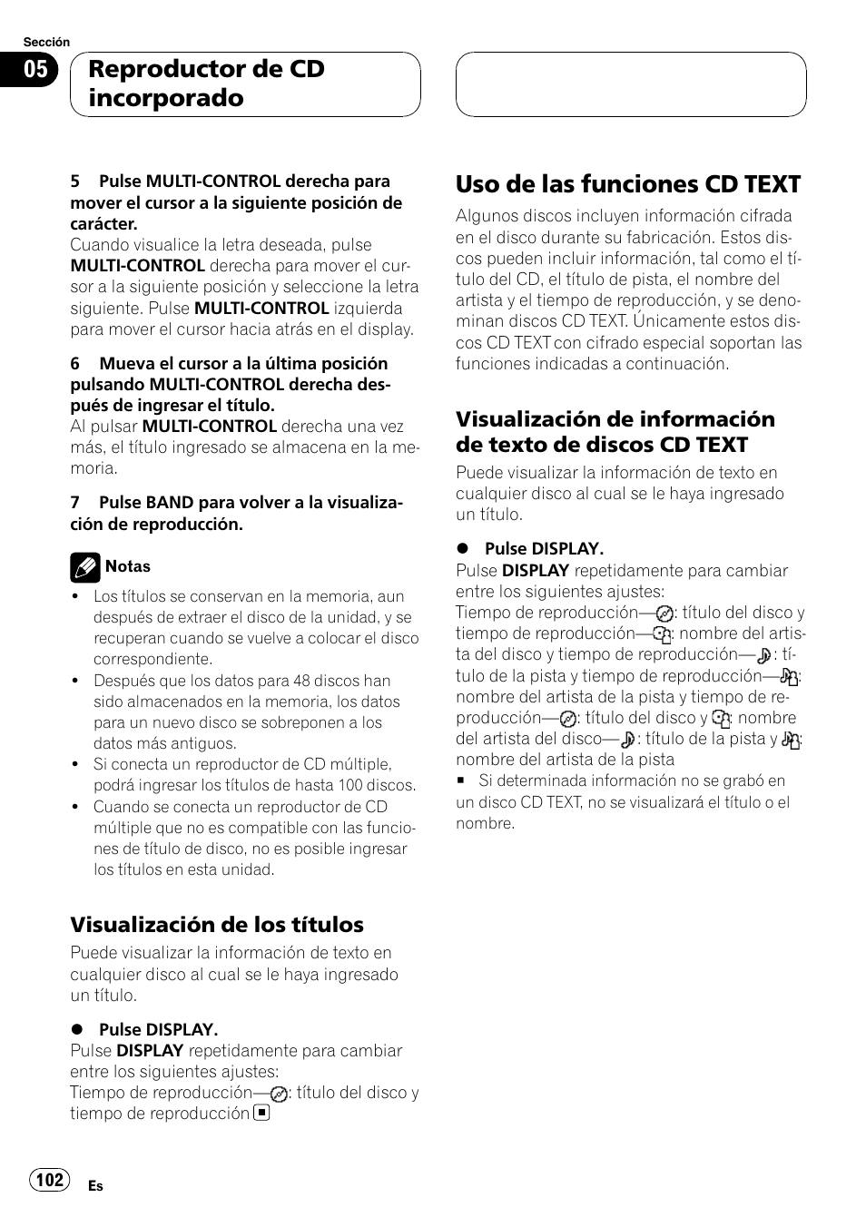 Visualización de los títulos 102, Uso de las funciones cd text, Visualización de información de texto | De discos cd text, Reproductor de cd incorporado, Visualización de los títulos | Pioneer Super Tuner III D DEH-P80RS User Manual | Page 102 / 165