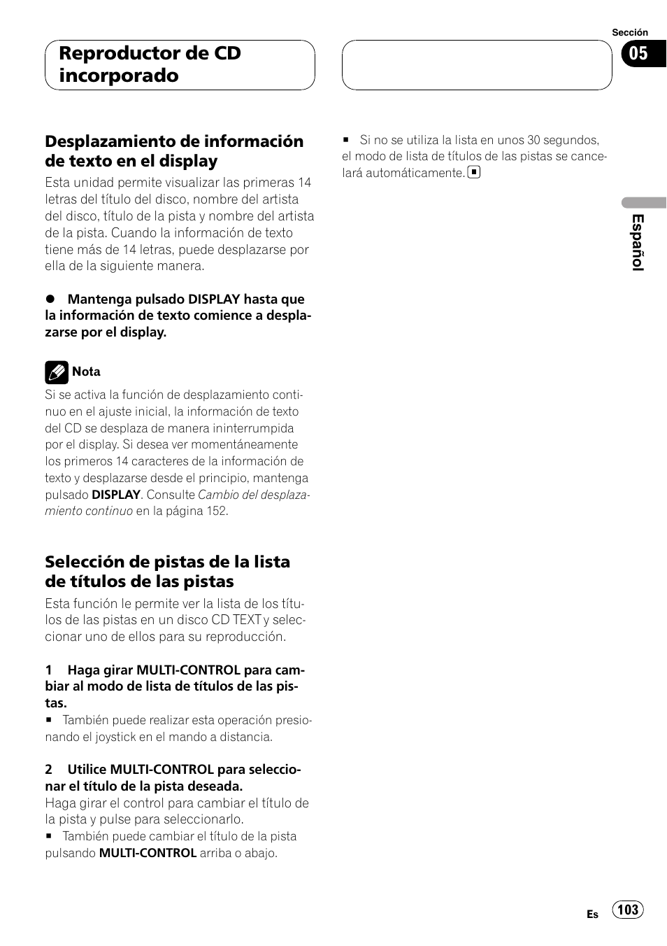 Desplazamiento de información de, Texto en el display, Selección de pistas de la lista de títulos | De las pistas, Reproductor de cd incorporado | Pioneer Super Tuner III D DEH-P80RS User Manual | Page 103 / 165