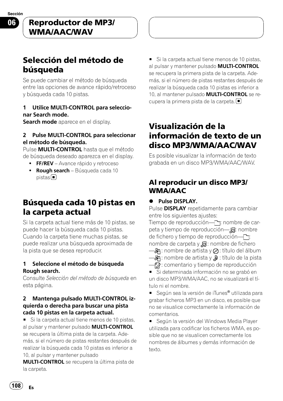 Selección del método de búsqueda, Búsqueda cada 10 pistas en la carpeta, Actual | Visualización de la información de texto de, Un disco mp3/wma/aac/wav, Al reproducir un disco mp3/wma, Búsqueda cada 10 pistas en la carpeta actual, Reproductor de mp3/ wma/aac/wav, Al reproducir un disco mp3/ wma/aac | Pioneer Super Tuner III D DEH-P80RS User Manual | Page 108 / 165