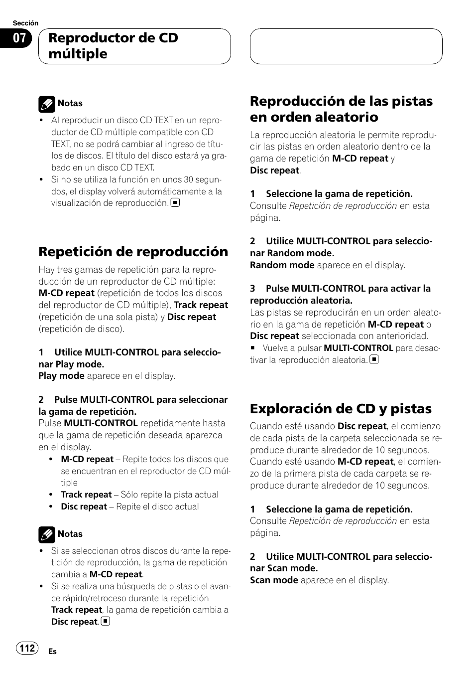 Repetición de reproducción, Reproducción de las pistas en orden, Aleatorio | Exploración de cd y pistas, Reproducción de las pistas en orden aleatorio, Reproductor de cd múltiple | Pioneer Super Tuner III D DEH-P80RS User Manual | Page 112 / 165