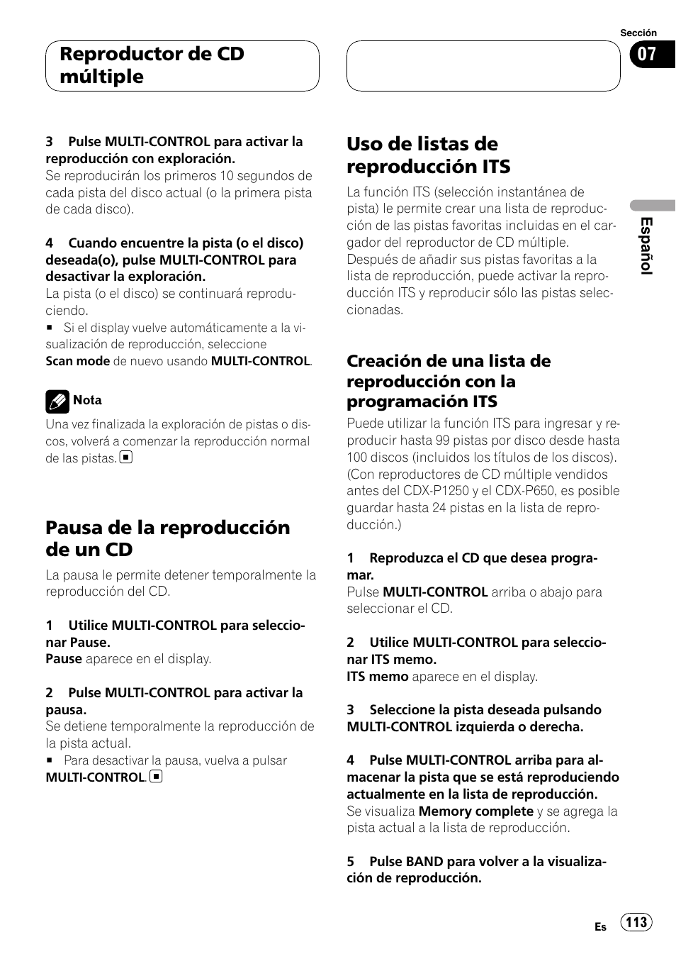 Pausa de la reproducción de un cd, Uso de listas de reproducción its, Creación de una lista de reproducción | Con la programación its, Reproductor de cd múltiple | Pioneer Super Tuner III D DEH-P80RS User Manual | Page 113 / 165