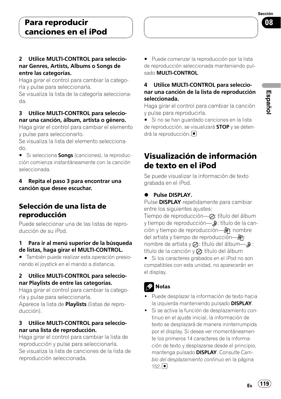Selección de una lista de, Reproducción, Visualización de información de texto en el | Ipod, Visualización de información de texto en el ipod, Para reproducir canciones en el ipod, Selección de una lista de reproducción | Pioneer Super Tuner III D DEH-P80RS User Manual | Page 119 / 165