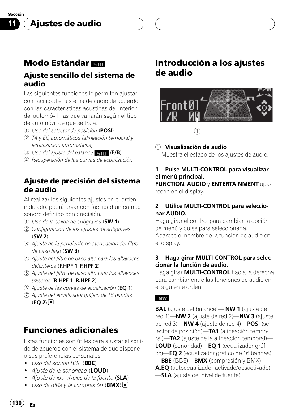 Modo estándar, Ajuste sencillo del sistema de, Audio | Ajuste de precisión del sistema de, Funciones adicionales, Introducción a los ajustes de audio, Ajustes de audio, Ajuste sencillo del sistema de audio, Ajuste de precisión del sistema de audio | Pioneer Super Tuner III D DEH-P80RS User Manual | Page 130 / 165