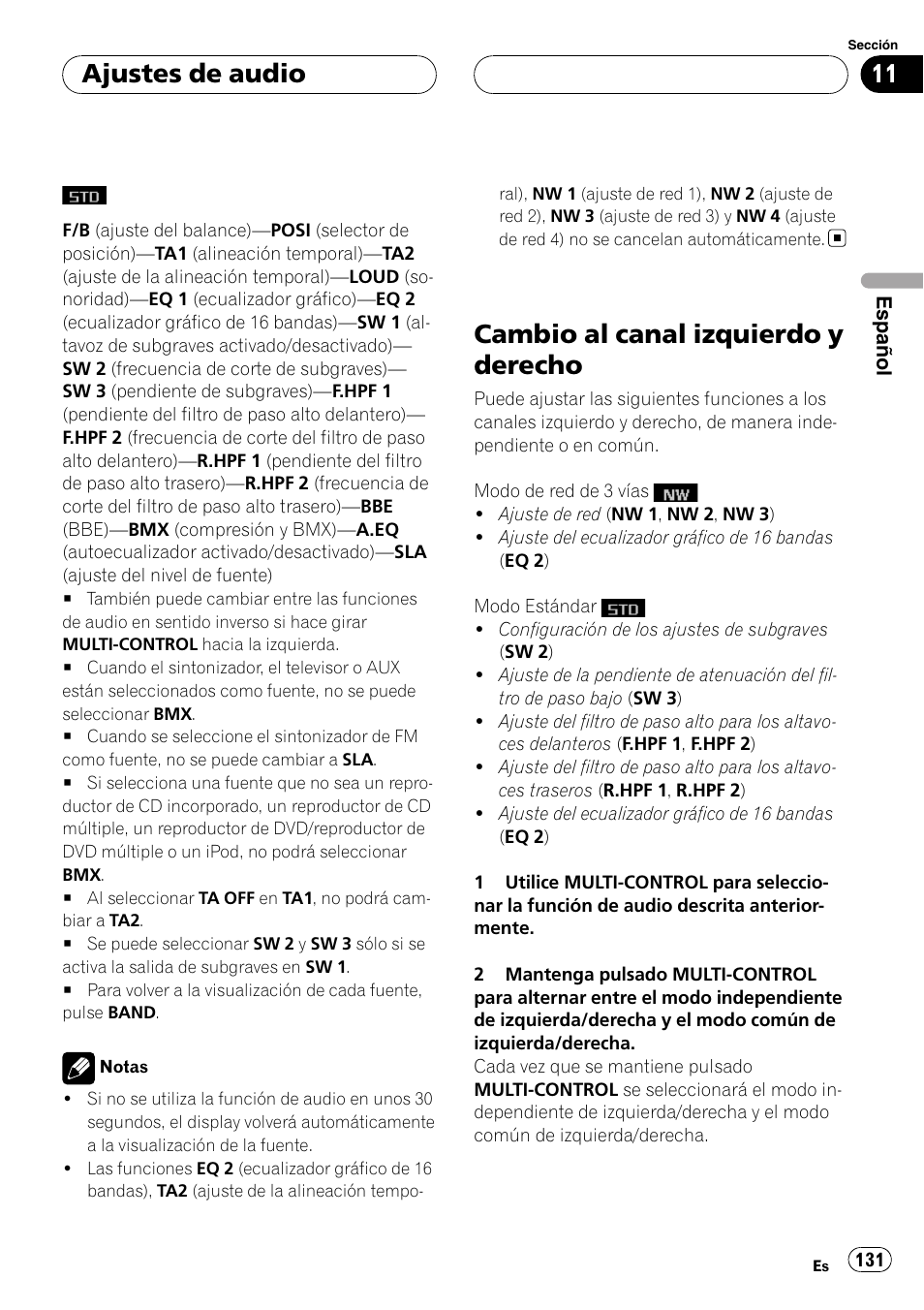 Cambio al canal izquierdo y derecho, Ajustes de audio | Pioneer Super Tuner III D DEH-P80RS User Manual | Page 131 / 165