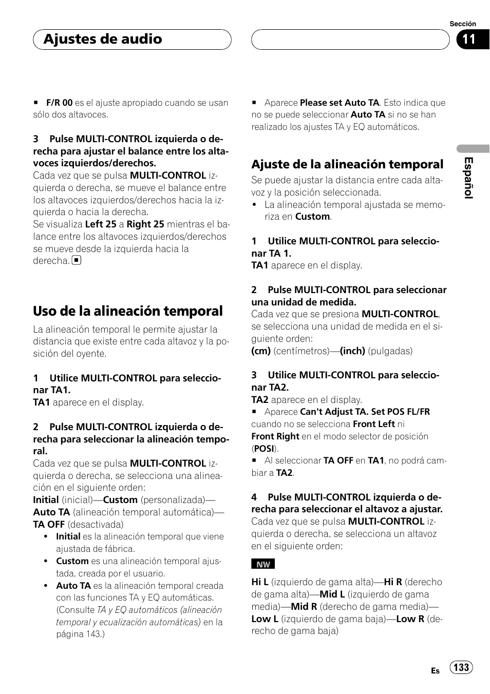 Uso de la alineación temporal, Ajuste de la alineación temporal 133, Ajuste de la alineación temporal | Ajustes de audio | Pioneer Super Tuner III D DEH-P80RS User Manual | Page 133 / 165