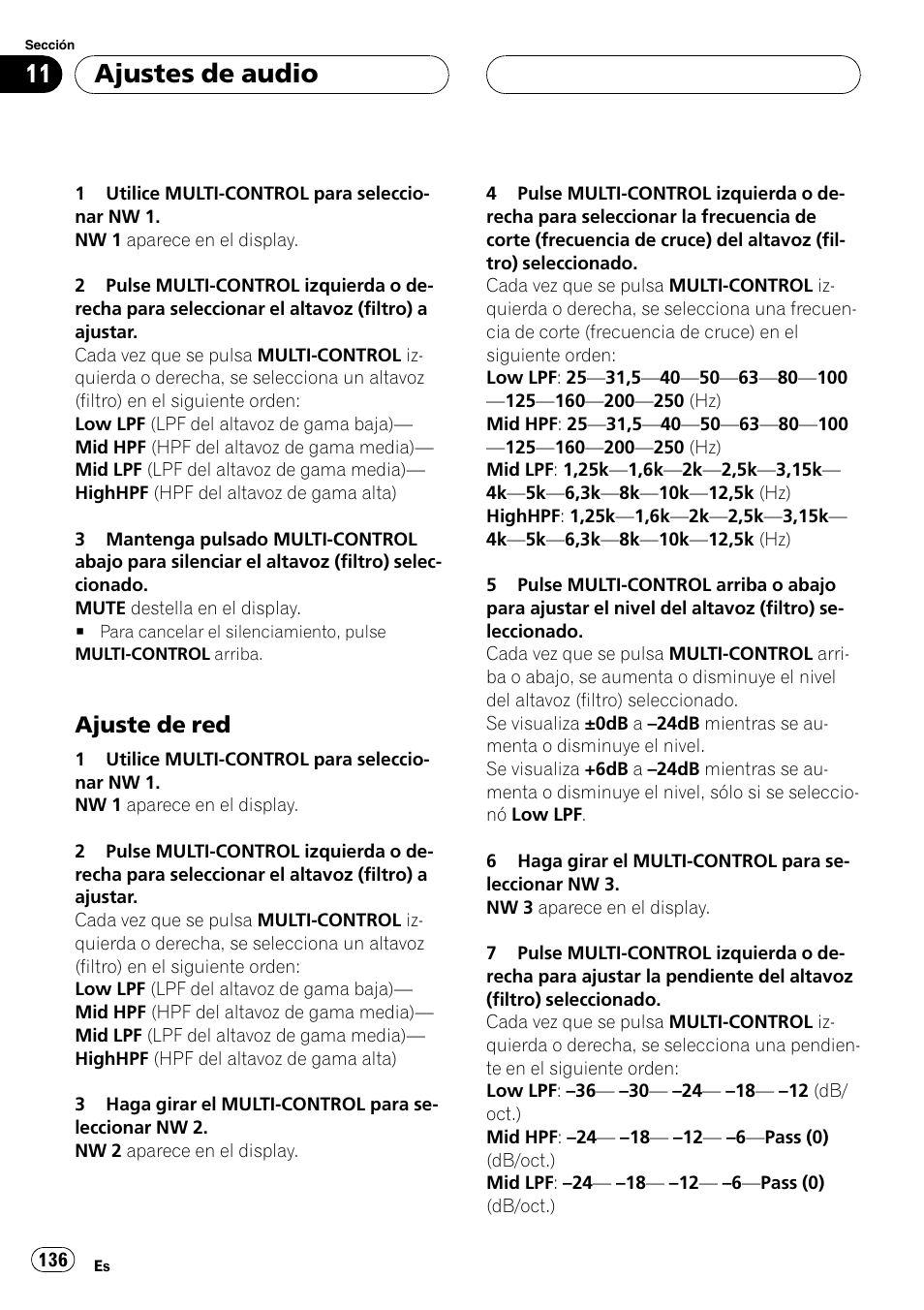 Ajuste de red 136, Ajuste de red, Ajustes de audio | Pioneer Super Tuner III D DEH-P80RS User Manual | Page 136 / 165