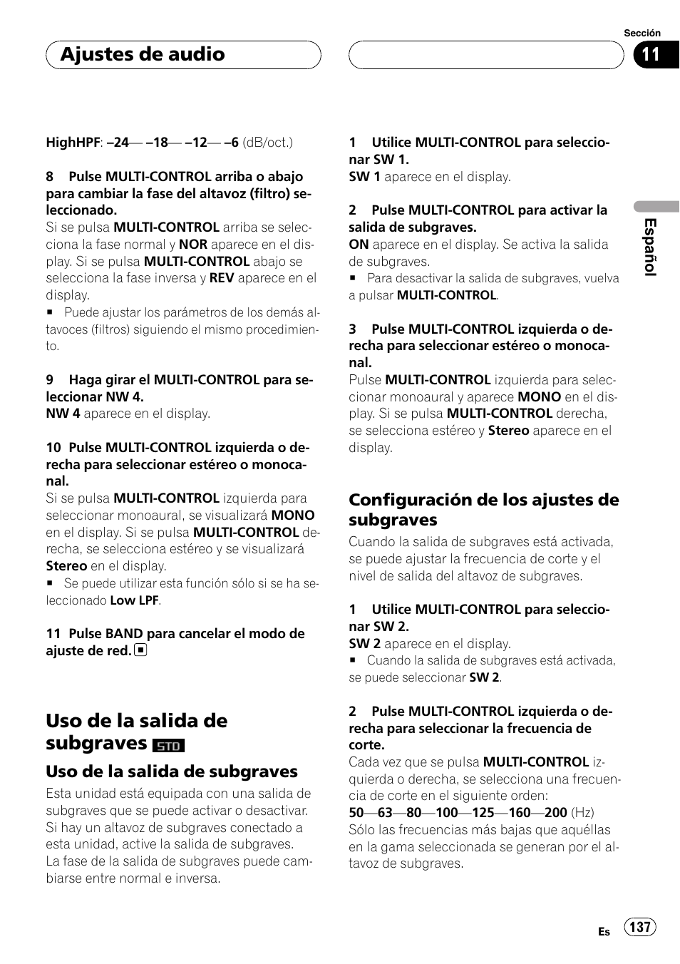 Uso de la salida de subgraves, Uso de la salida de subgraves 137, Configuración de los ajustes de | Subgraves, Configuración de los ajustes de subgraves, Ajustes de audio | Pioneer Super Tuner III D DEH-P80RS User Manual | Page 137 / 165