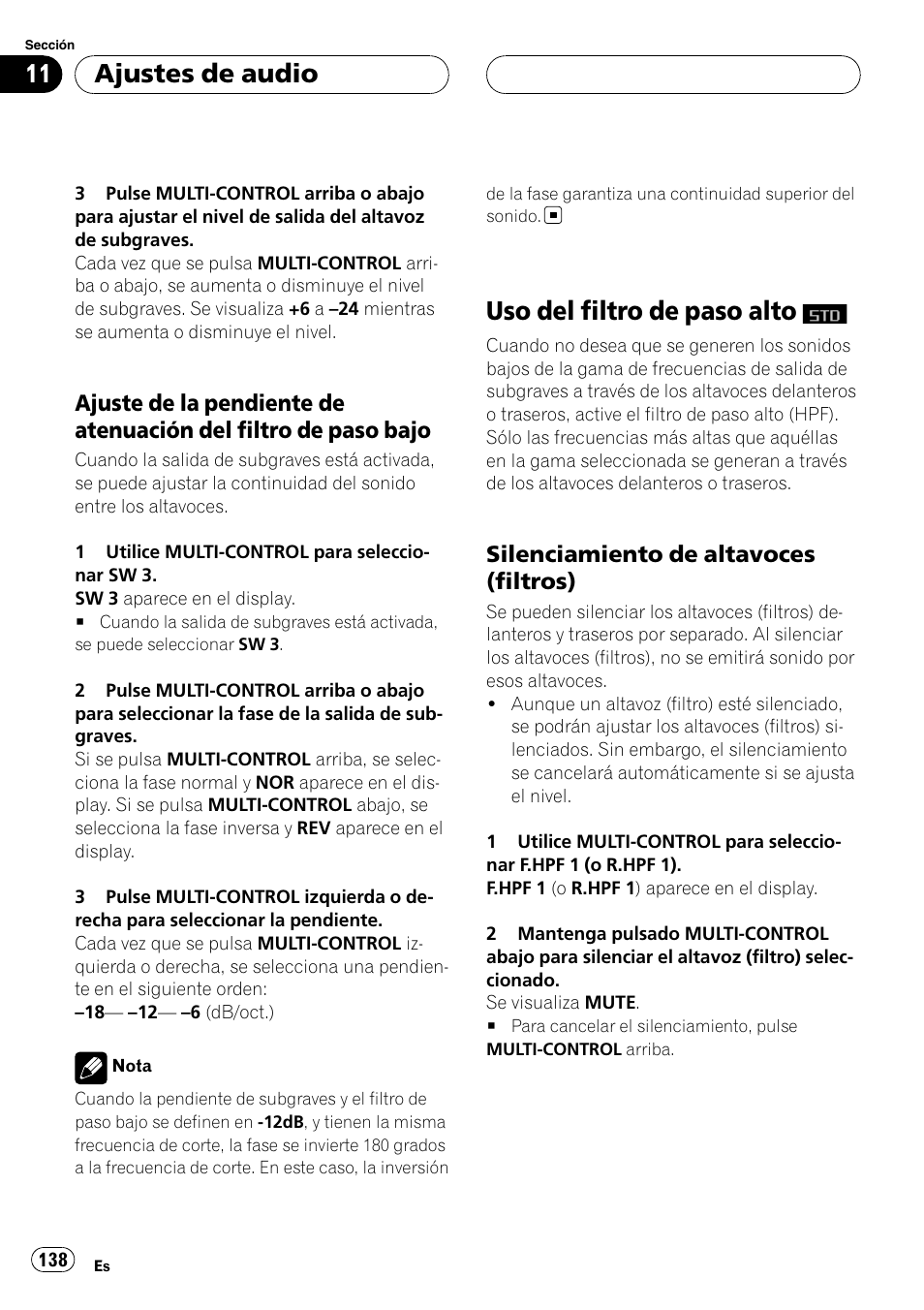 Ajuste de la pendiente de atenuación, Del filtro de paso bajo, Uso del filtro de paso alto | Silenciamiento de altavoces, Filtros), Ajuste de la pendiente de atenuación del filtro, De paso bajo, Ajuste de la pendiente de atenuación del fil, Tro de paso bajo, Ajustes de audio | Pioneer Super Tuner III D DEH-P80RS User Manual | Page 138 / 165