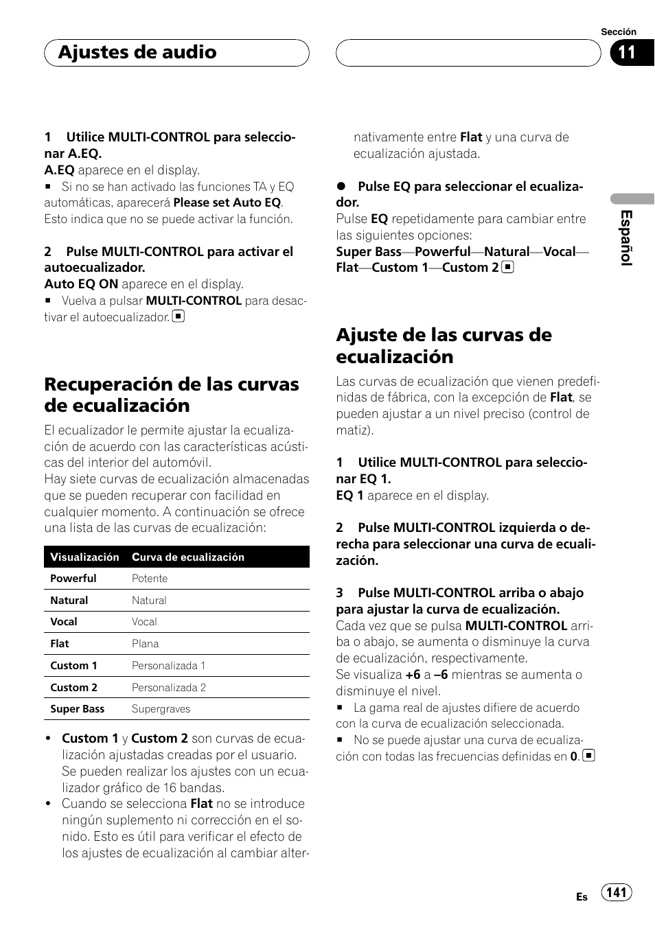 Recuperación de las curvas de, Ecualización, Ajuste de las curvas de ecualización | Recuperación de las curvas de ecualización, Ajustes de audio | Pioneer Super Tuner III D DEH-P80RS User Manual | Page 141 / 165