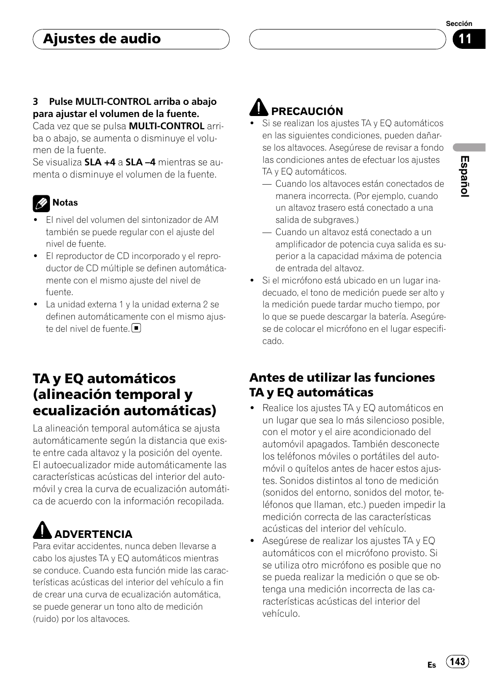 Ta y eq automáticos (alineación temporal y, Ecualización automáticas), Antes de utilizar las funciones ta y eq | Automáticas, Ajustes de audio | Pioneer Super Tuner III D DEH-P80RS User Manual | Page 143 / 165